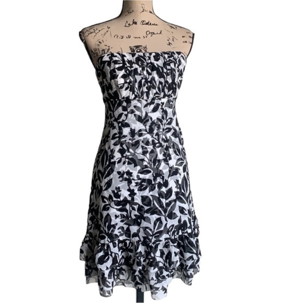 White House Black Market Strapless Silk Black White Dress Sz 2